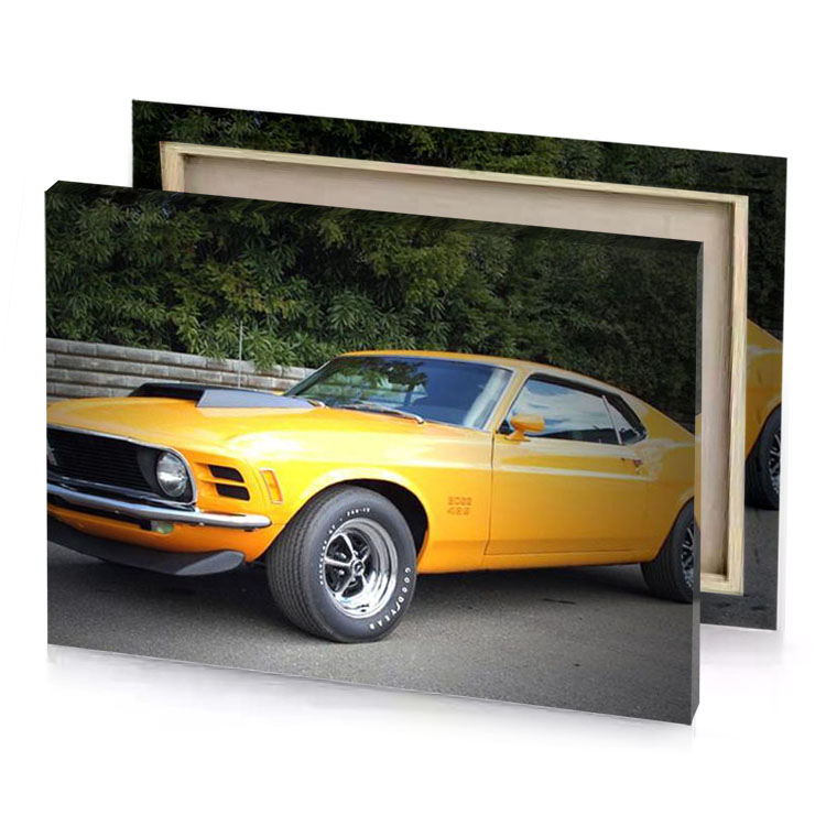 a yellow mustang sitting in parking lot khaki canvas