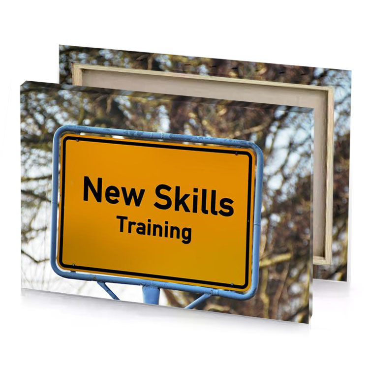 a yellow sign with the words new skills tangerine canvas