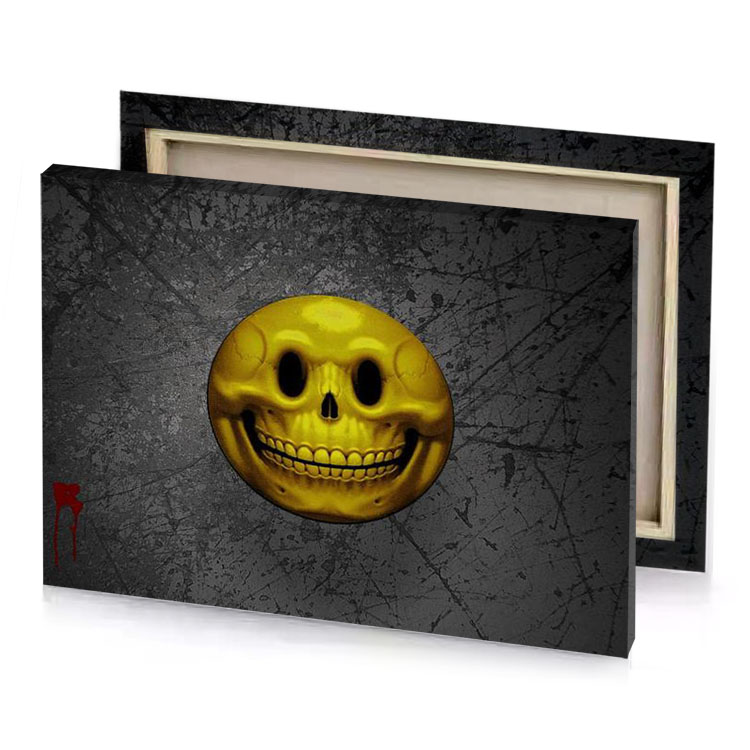a yellow skull with red blood spied on it dark golden rod canvas