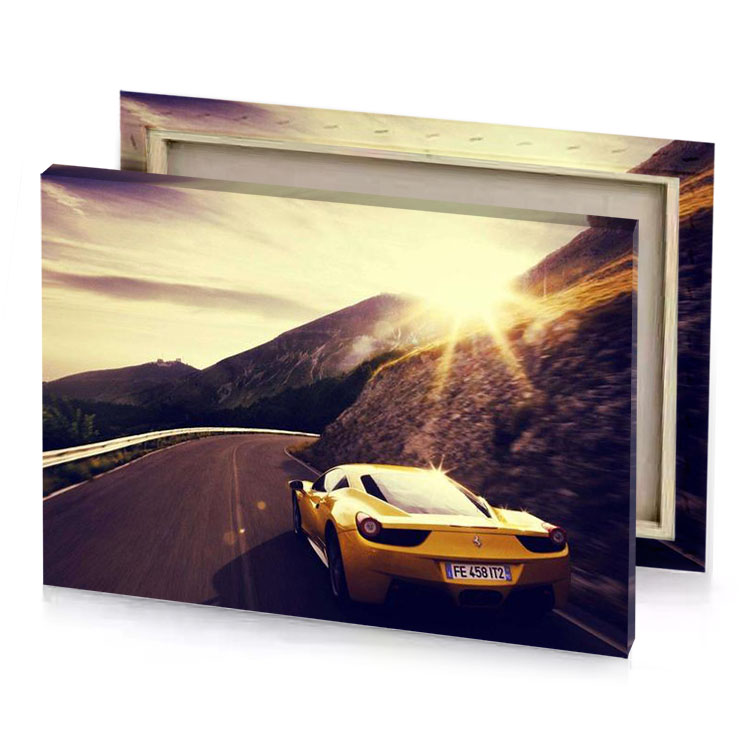 a yellow sports car driving down mountain road blanched almond canvas