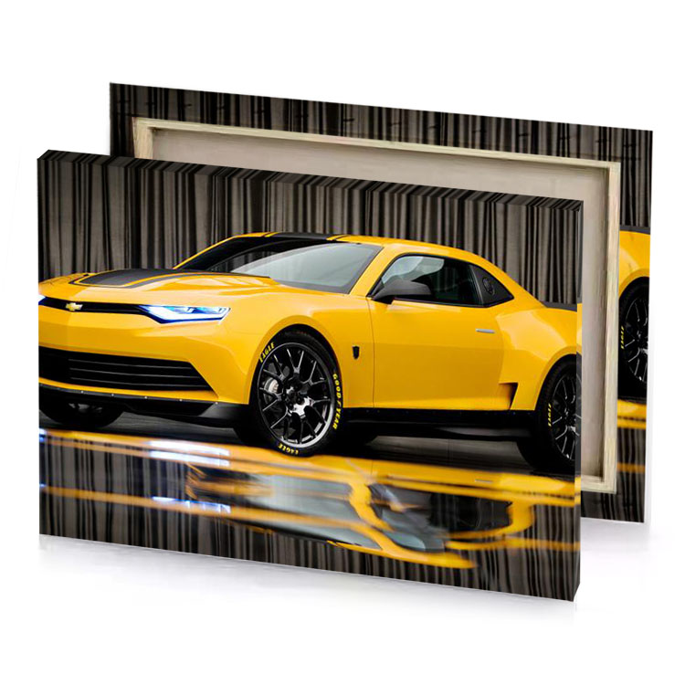 a yellow sports car is parked in room golden rod canvas
