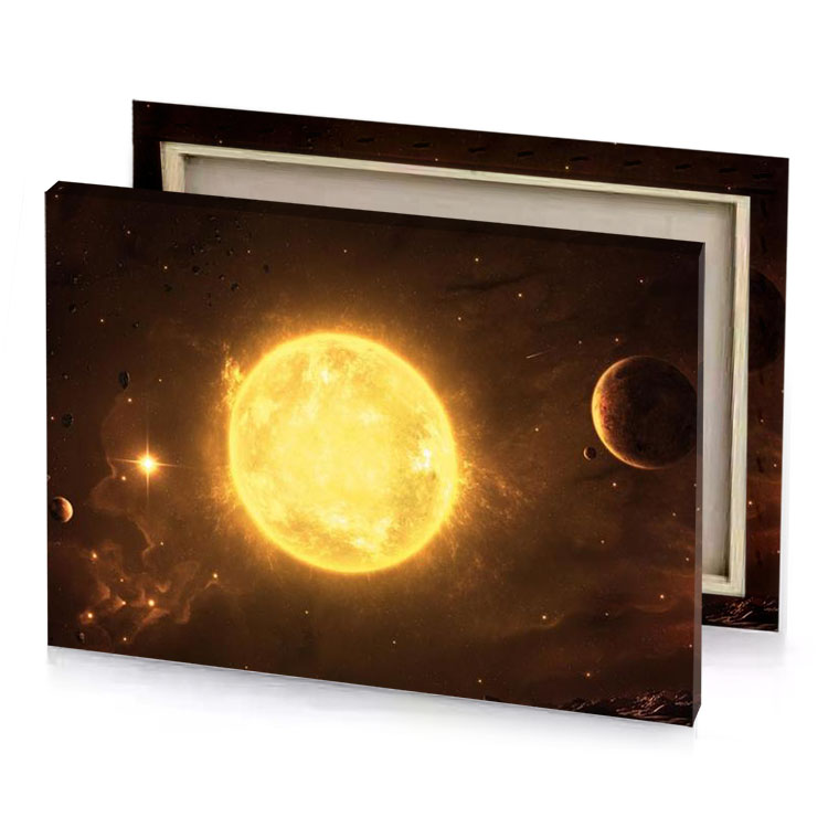 a yellow sun surrounded by star in the background khaki canvas