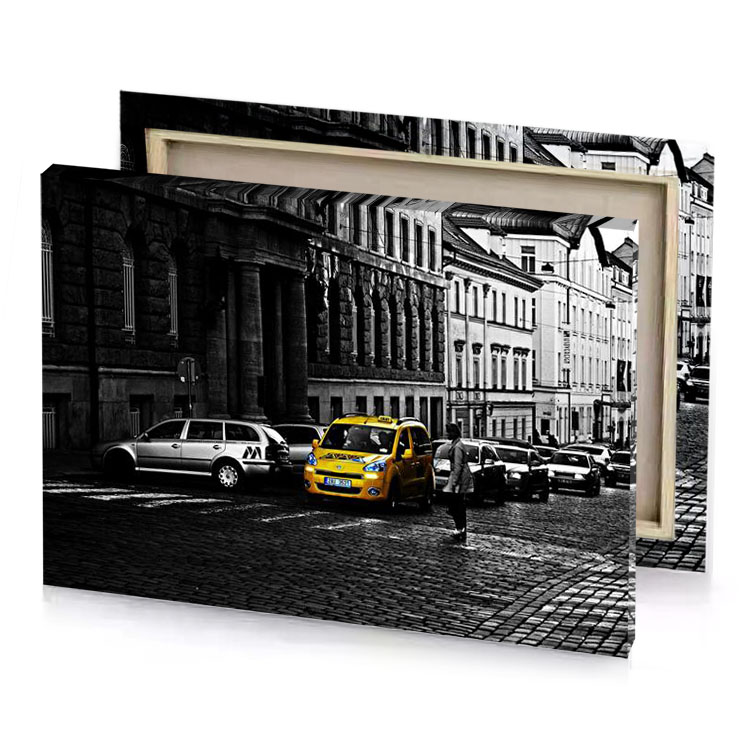a yellow taxi cab is parked on cobblestone golden rod canvas