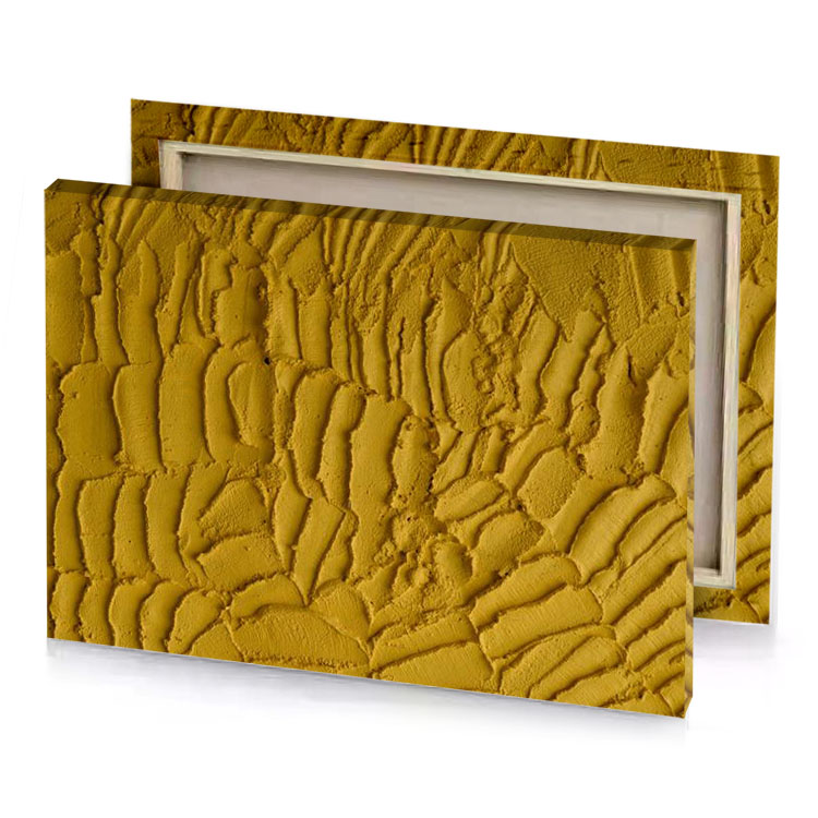 a yellow wall with lot of paint canvas