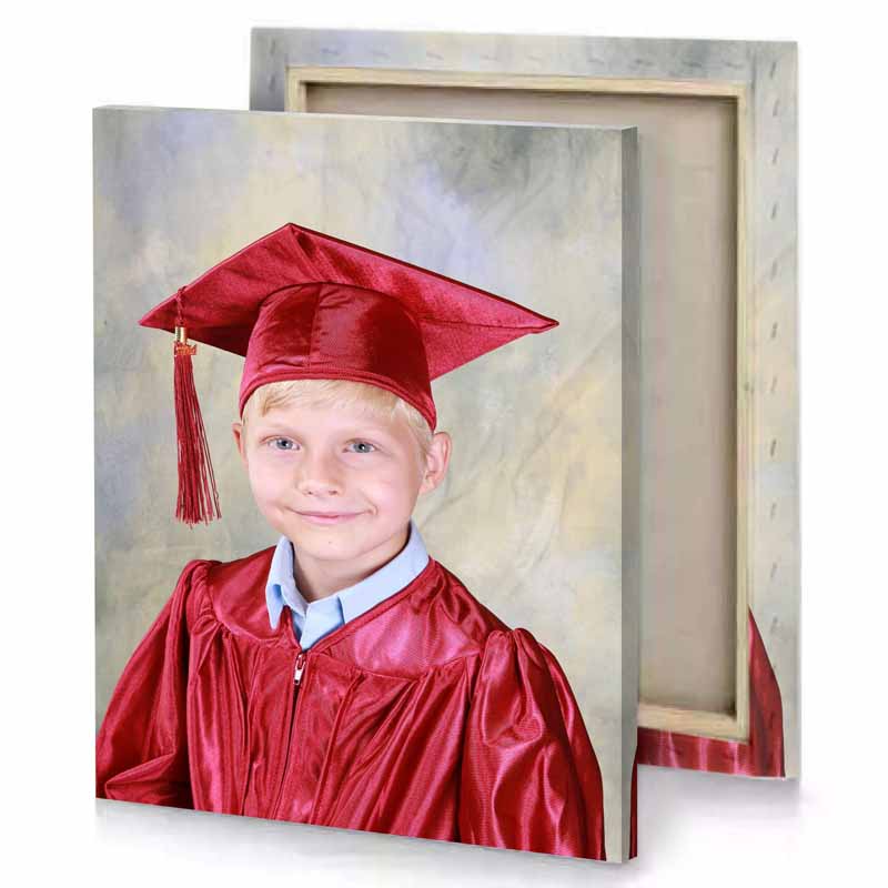 a young boy in red graduation gown brown canvas