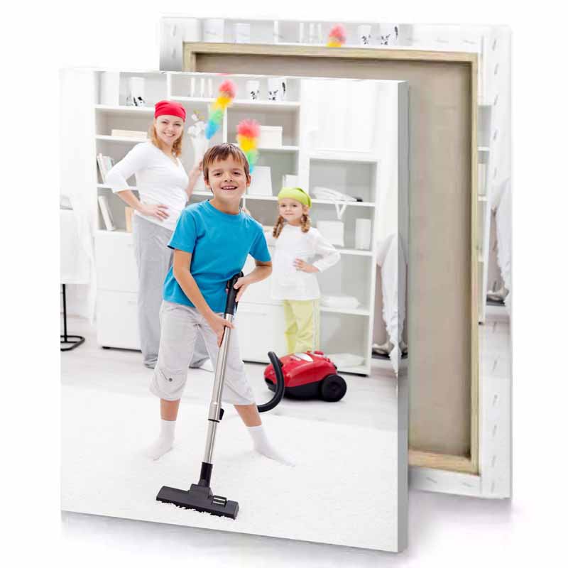a young boy vacuuming the carpet with vacuum white smoke canvas