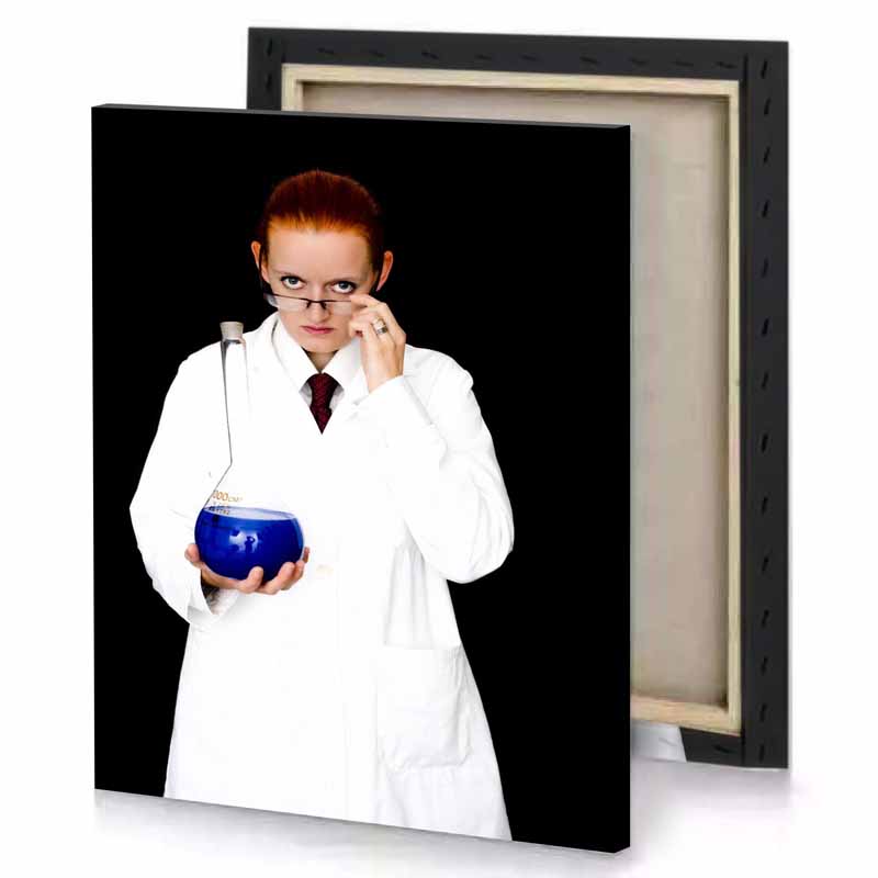 a young girl in lab coat holding blue bowl black canvas