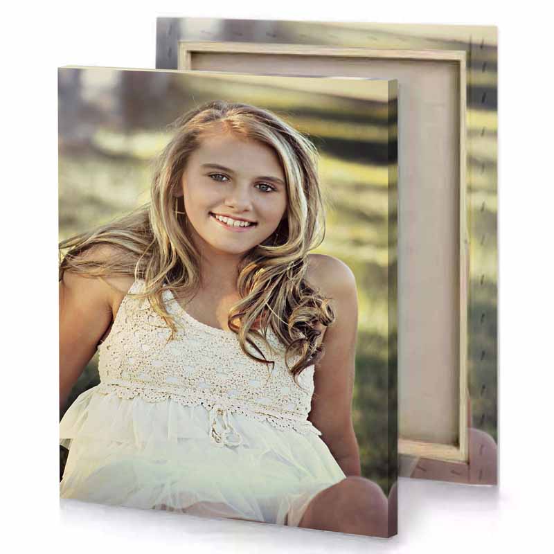 a young girl in white dress sitting on bench silver canvas