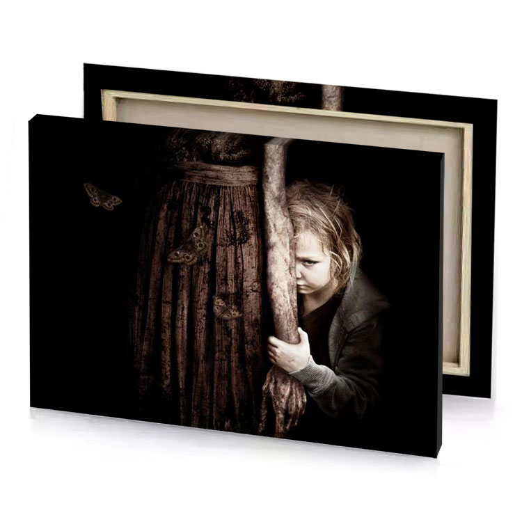 a young girl is peeking behind wooden door smoky black canvas