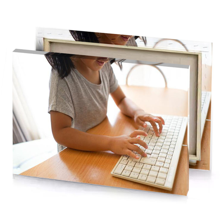 a young girl is typing on computer white smoke canvas