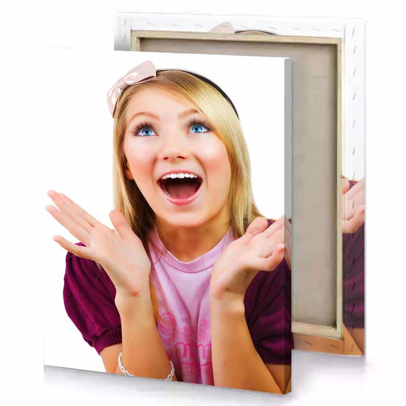 a young girl with her hands up and smiling white canvas