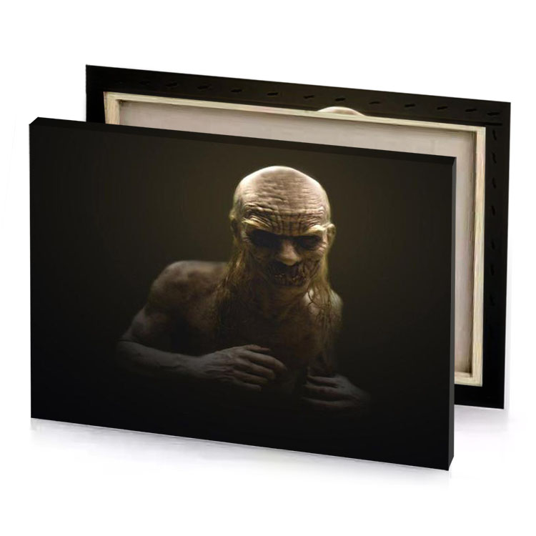 an alien with a glowing head and hands taupe canvas