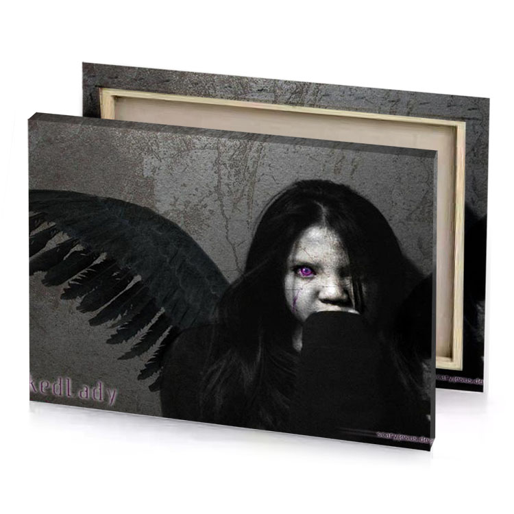 an angel with wings and a purple eye smoky black canvas