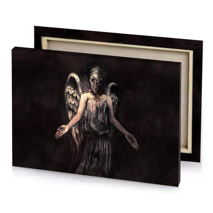 an angel with wings standing in the dark taupe canvas