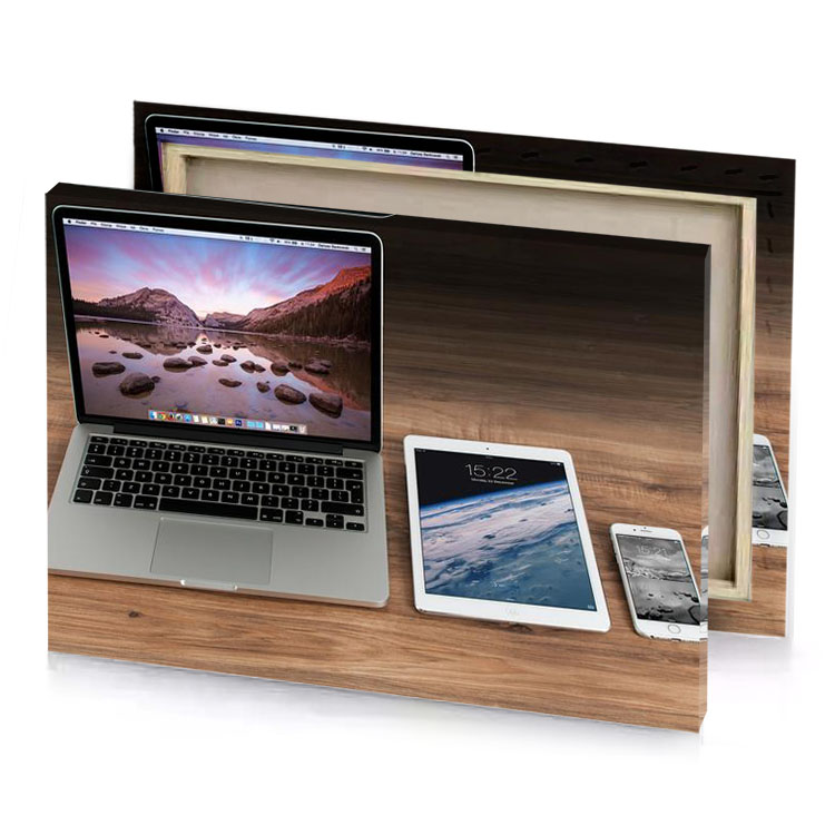 an apple macbook iphone and ipad on a wooden table teal blue canvas