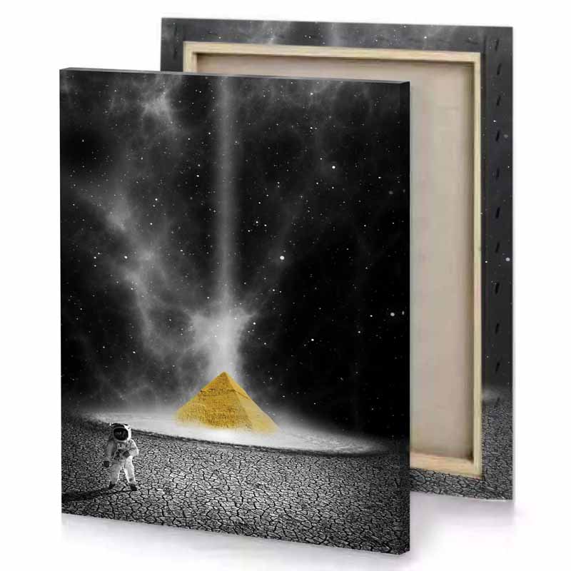 an astronaut walking on the ground with a pyramid in smoky black canvas