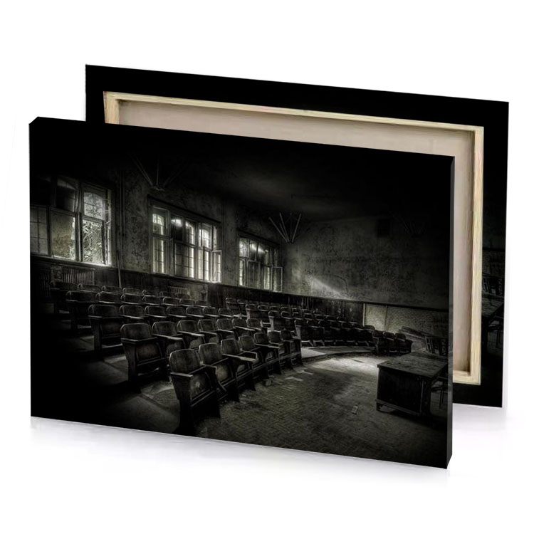 an old classroom with chairs and a window bistre canvas