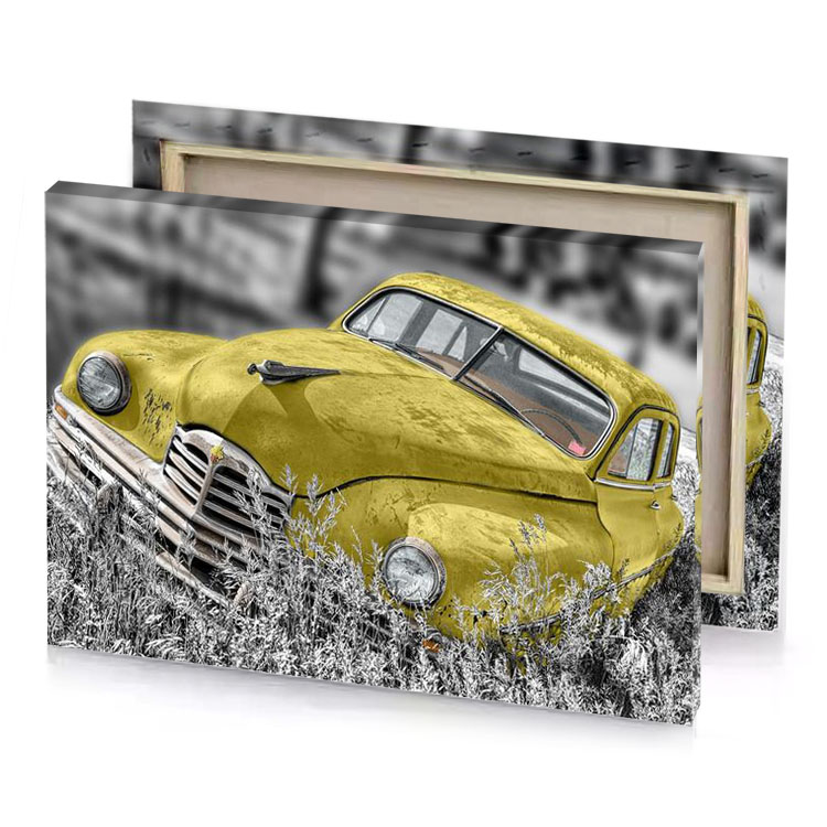 an old yellow truck sitting in a field olive drab canvas
