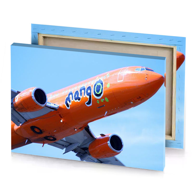 an orange airplane flying in the sky saddle brown canvas