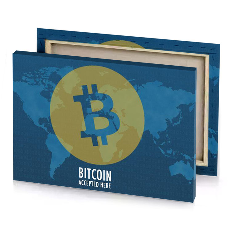 bitcoin logo over a world map camouflage green canvas