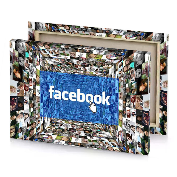 facebook s logo surrounded by many photos steel blue canvas