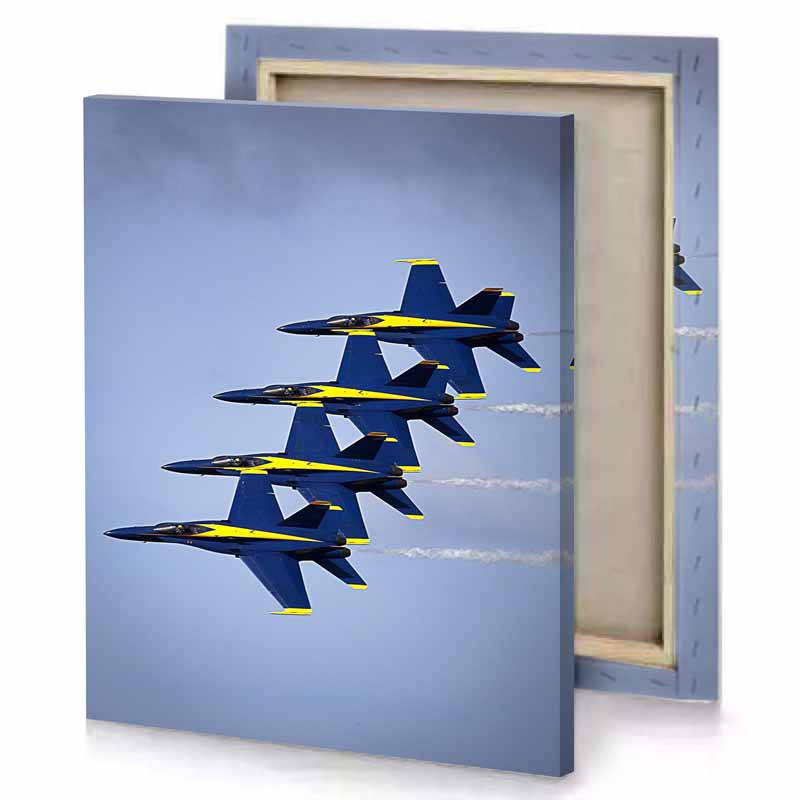 four blue and yellow planes light steel canvas