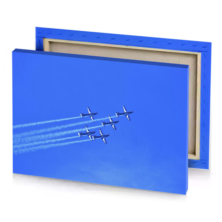 four planes flying in the sky royal blue canvas