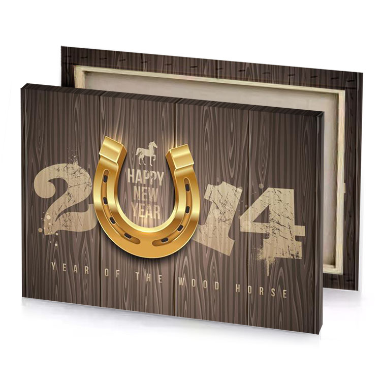 happy new year 2014 with horseshoe on wooden background rosy brown canvas