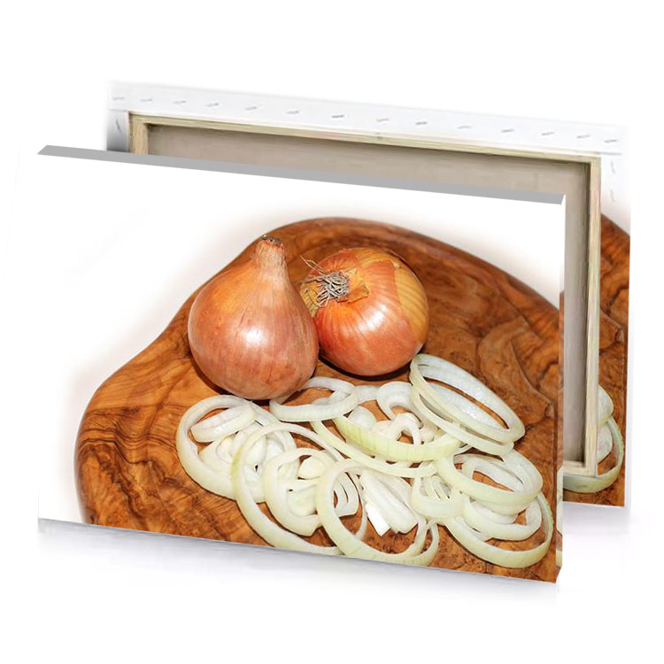 onions on a wooden cutting board peru canvas