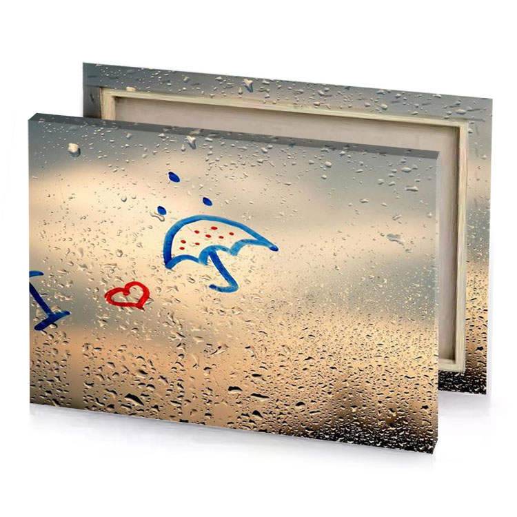 rain drops on a window with blue umbrella tan canvas