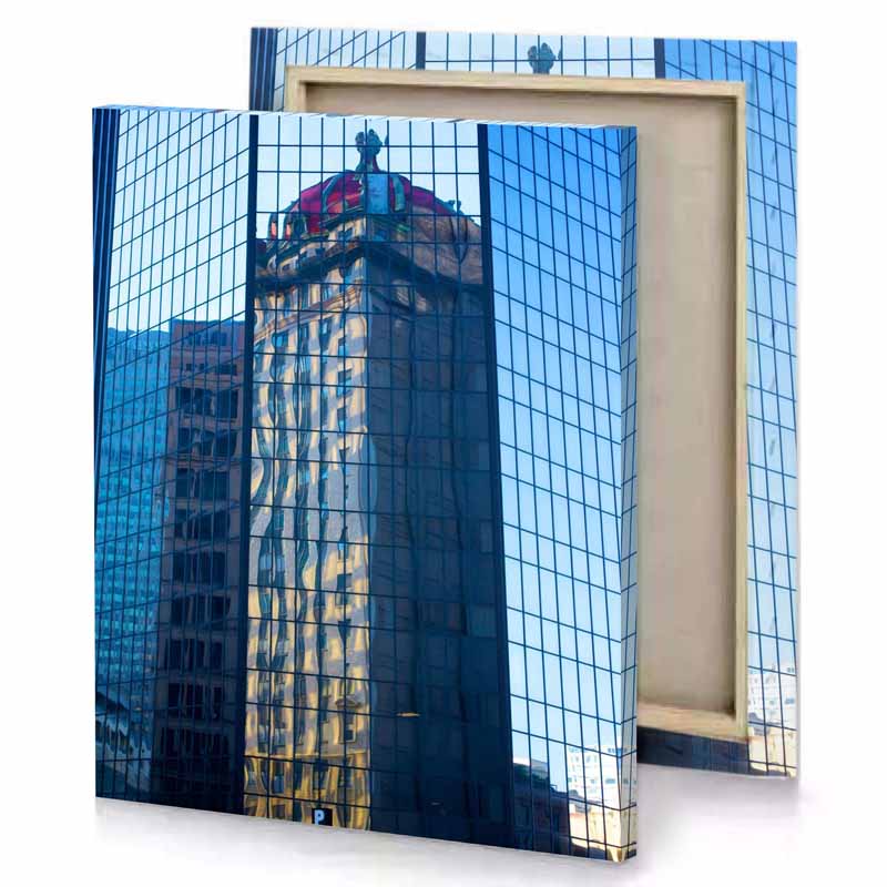 reflection of a building prussian blue canvas