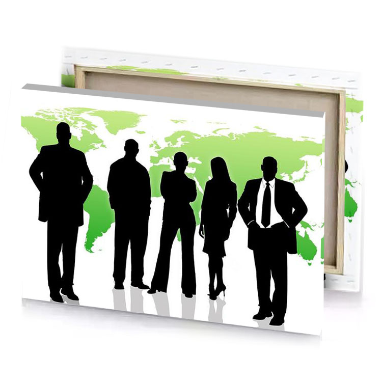 silhouettes of business people standing in front a world map black canvas