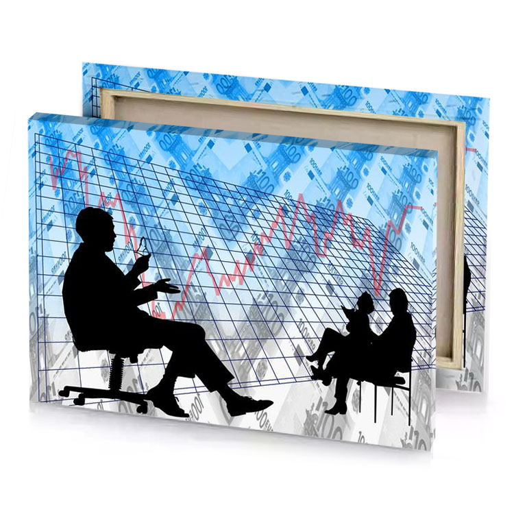 silhouettes of people sitting in chairs with financial graphs moonstone blue canvas