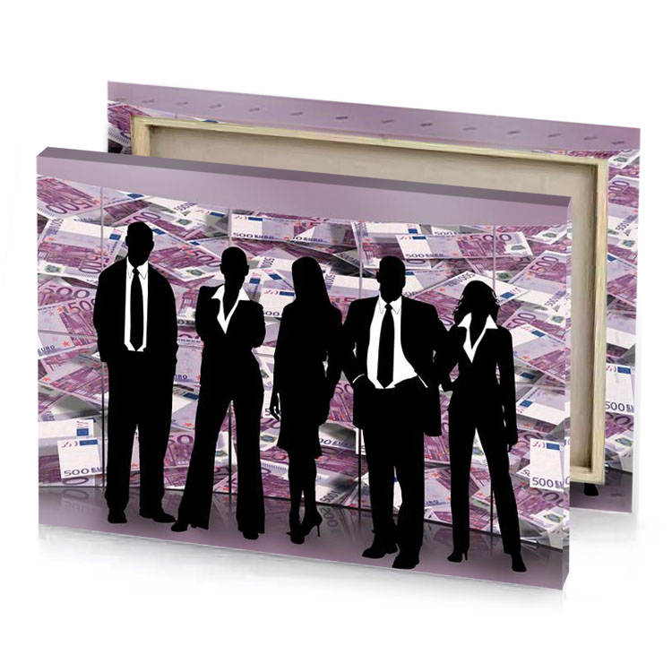 silhouettes of three people standing in front a pile money smoky black canvas