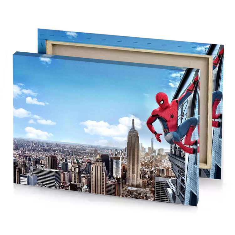 spiderman in the city light blue canvas