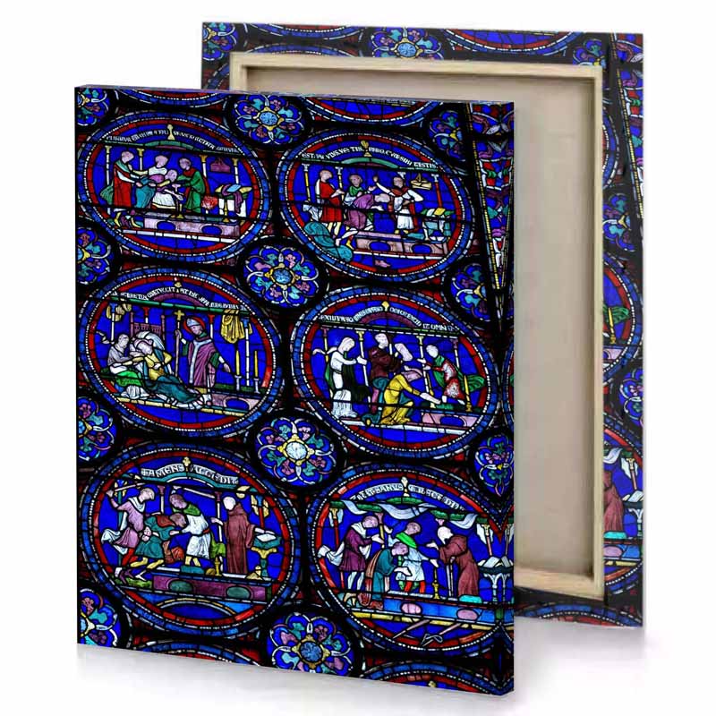 stained glass in the north window of medium blue canvas
