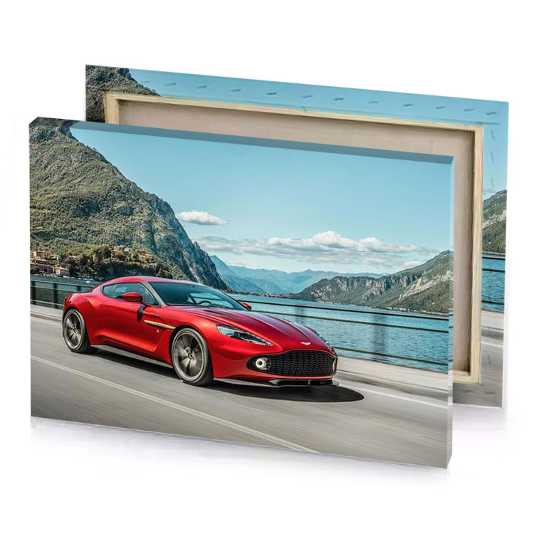 the aston gtr is driving along a lake firebrick canvas