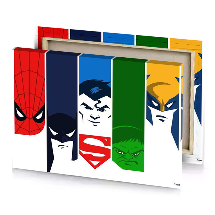 the avengers and superman characters in their respective dark green canvas