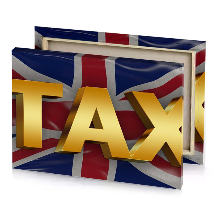 the british flag with word tax in gold fawn canvas