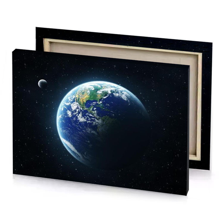 the earth and moon in space prussian blue canvas