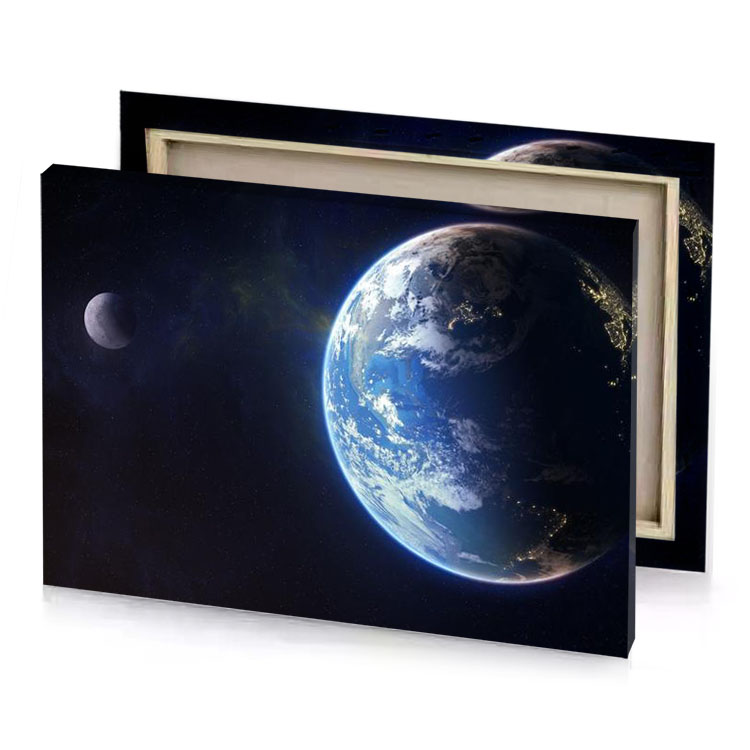 the earth and moon in space steel blue canvas
