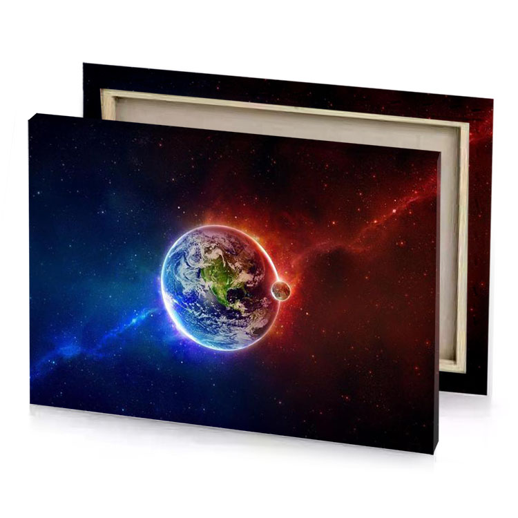 the earth in space with a bright blue and red burgundy canvas