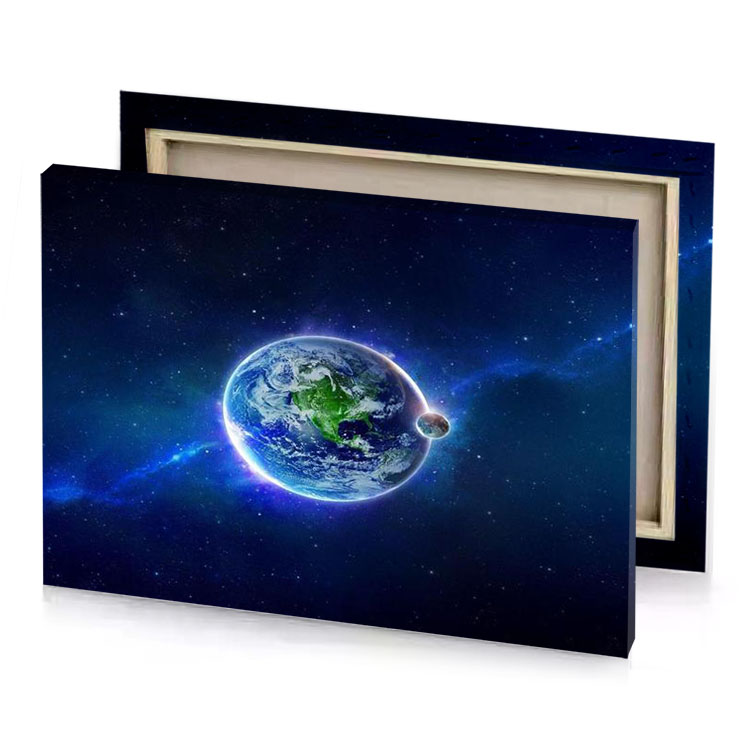 the earth in space with a bright blue background steel canvas
