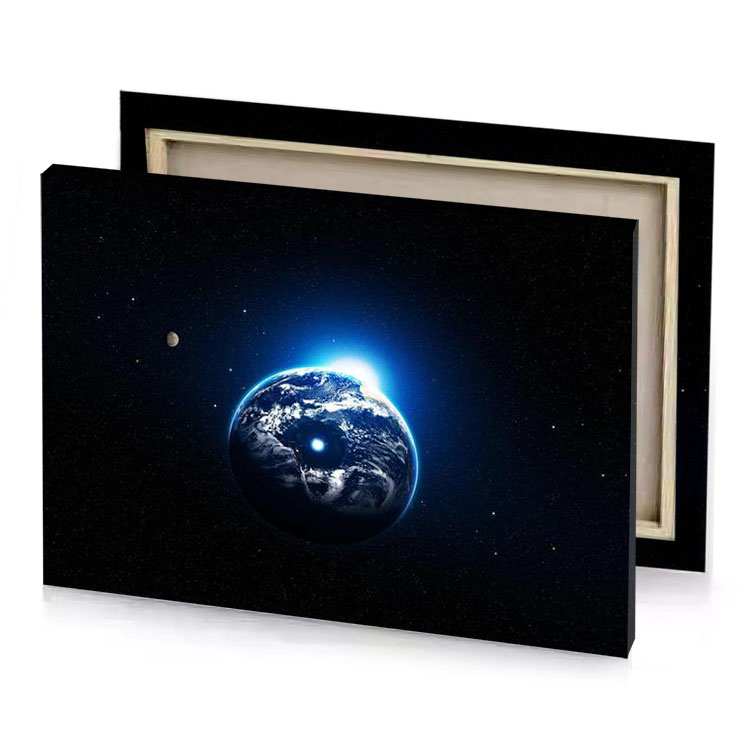 the earth in space with a bright blue light shining prussian canvas