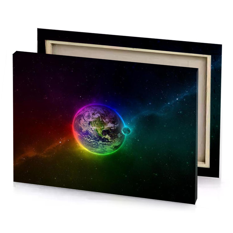 the earth in space with a rainbow colored background midnight blue canvas