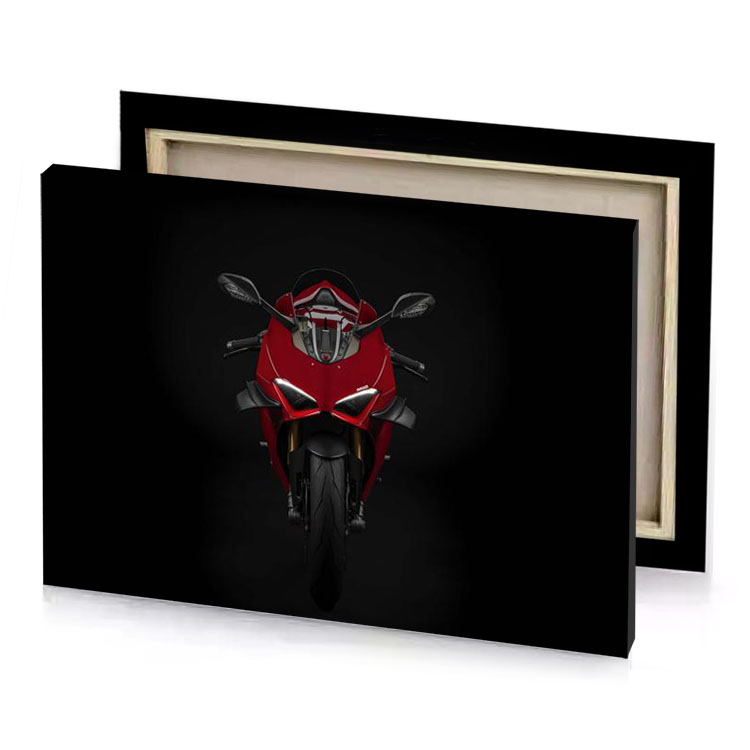 the front view of a red motorcycle on black background burgundy canvas