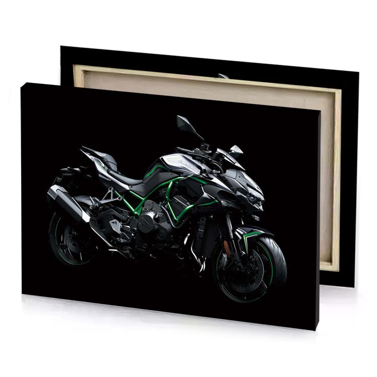 the kawasaki motorcycle is shown in a black background smoky canvas