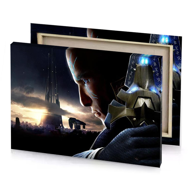the man in iron suit looks at city blanched almond canvas