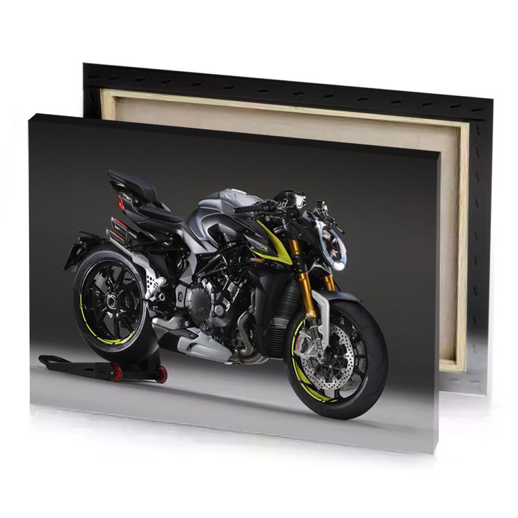 the motorcycle is parked in a studio charcoal canvas