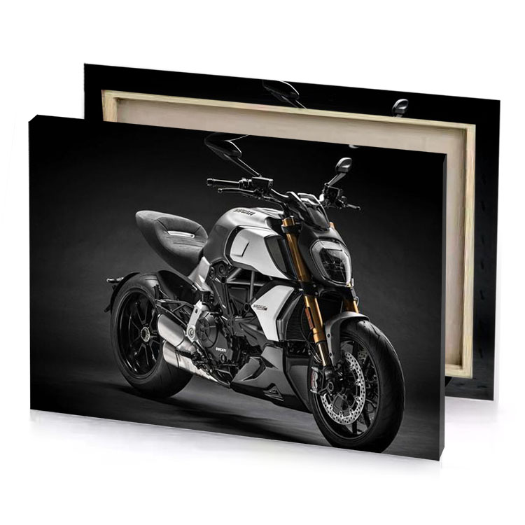 the motorcycle is white and black with gold accents taupe canvas